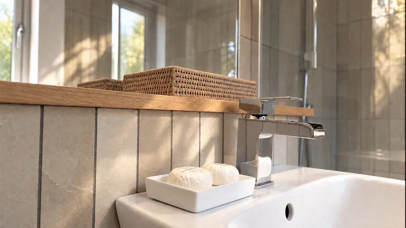White bathroom basin and chrome tap against textured tiles