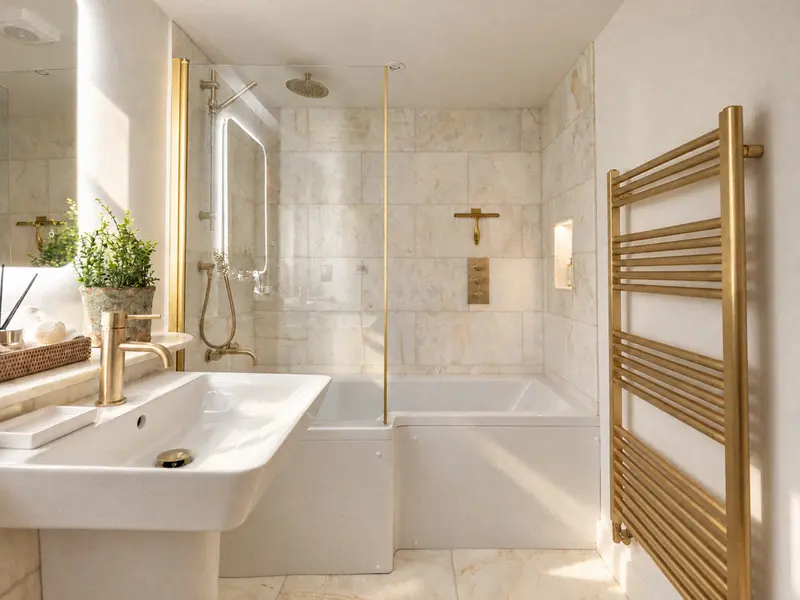 En-suite bathroom with a bath, basin and pale marble tiles