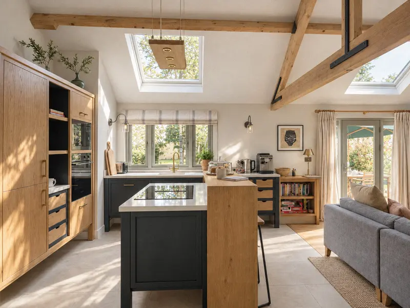 The kitchen island and cabinetry beside doors into the garden