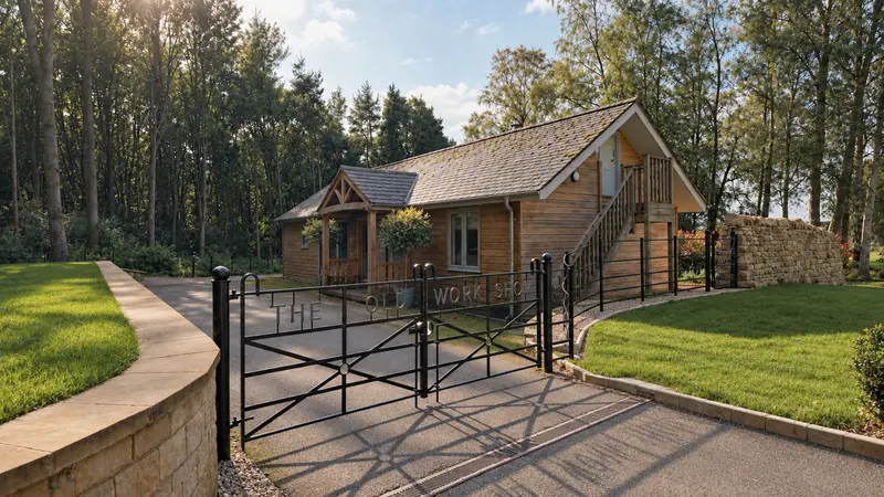 The timber workshop and curved driveway beyond the entrance gate
