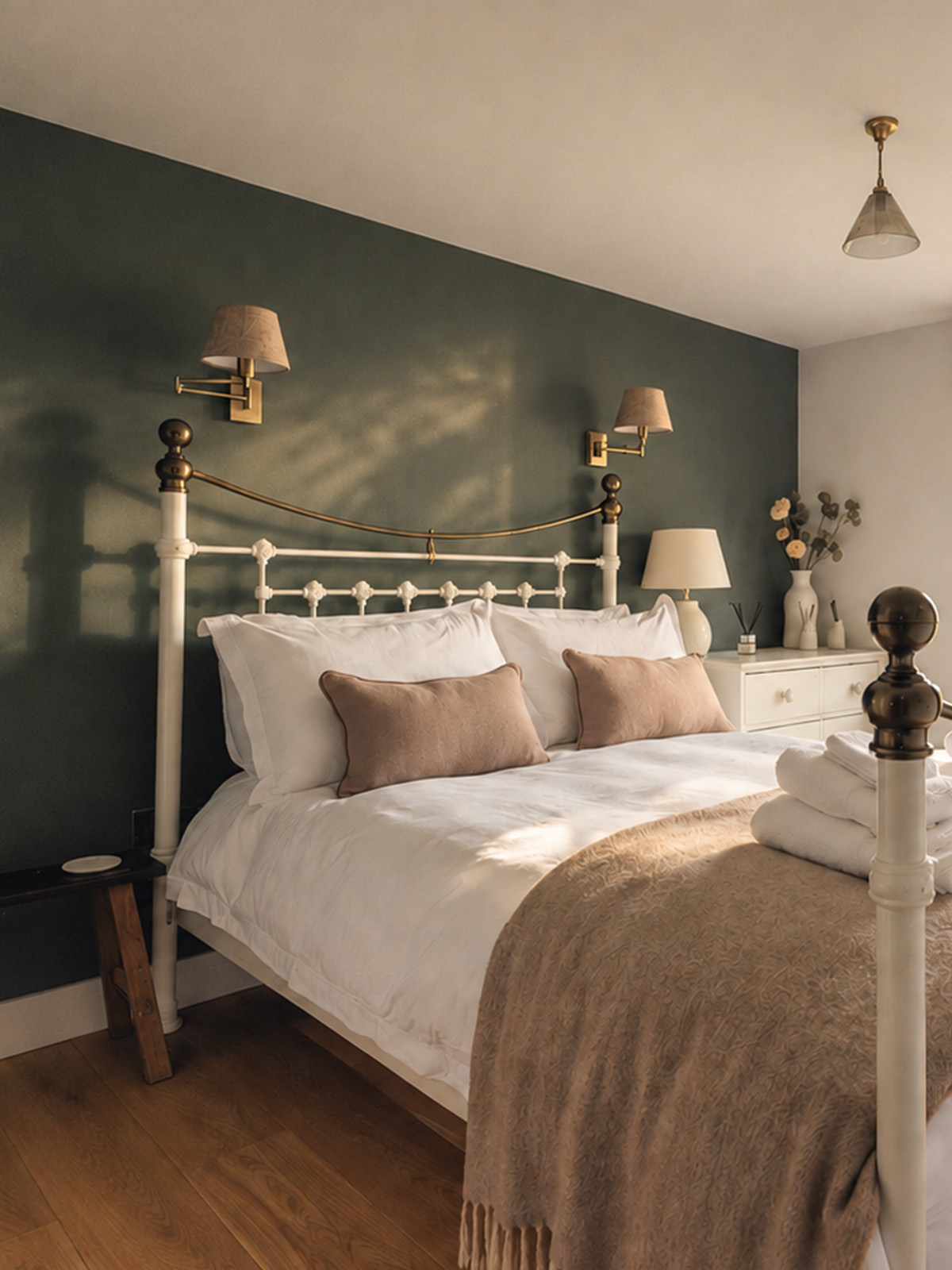 The east bedroom with its green wall and brass bed