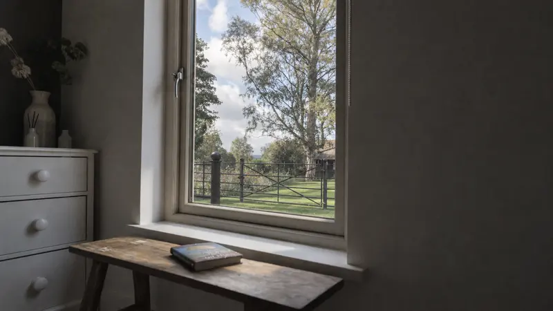 Bedroom window looking out towards the trees and garden