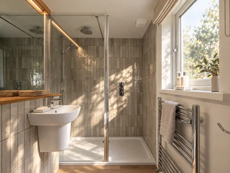 En-suite shower and basin beside a window overlooking the garden