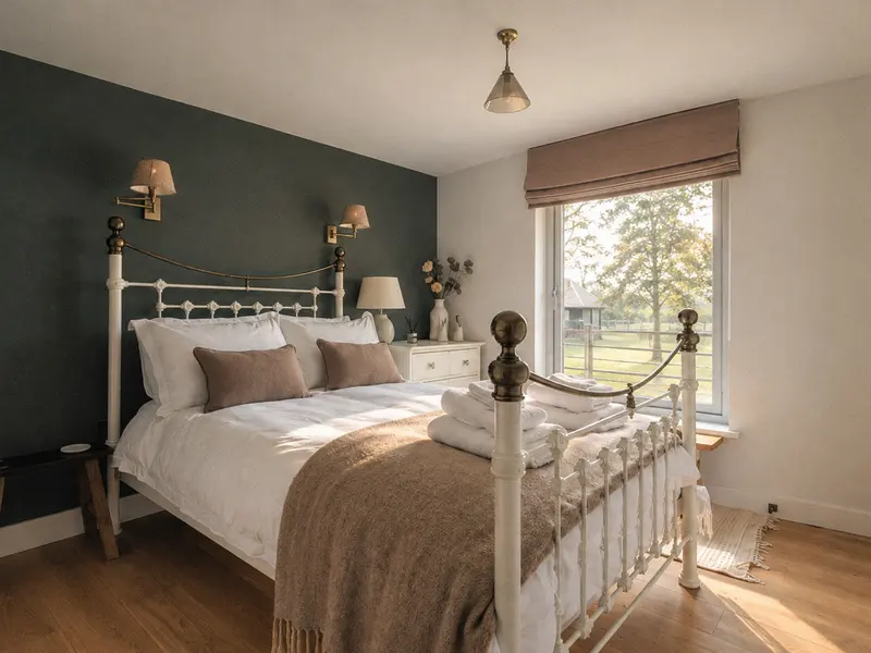 Green-walled bedroom with a brass bed and sunlit window