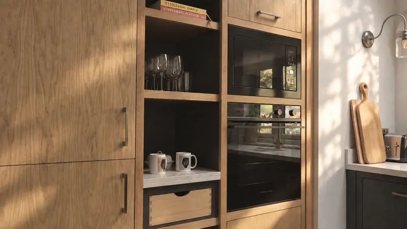 Oak kitchen cabinetry with built-in ovens and open shelving