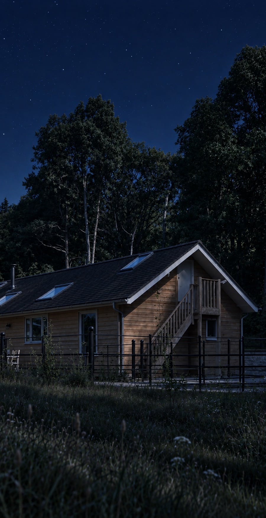 The Old Workshop among the trees after dark