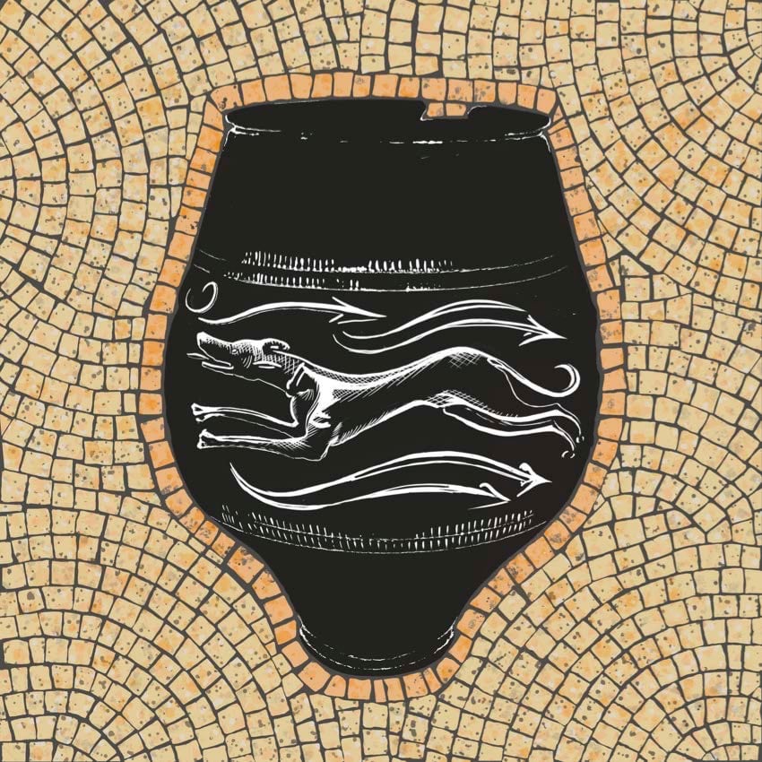 Emma’s artwork of the Hunt Cup, with a running hound against a golden mosaic background